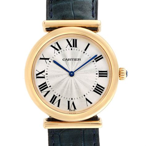 Cartier Vendome BiPlan Yellow Gold Blue Strap Mens Watch.